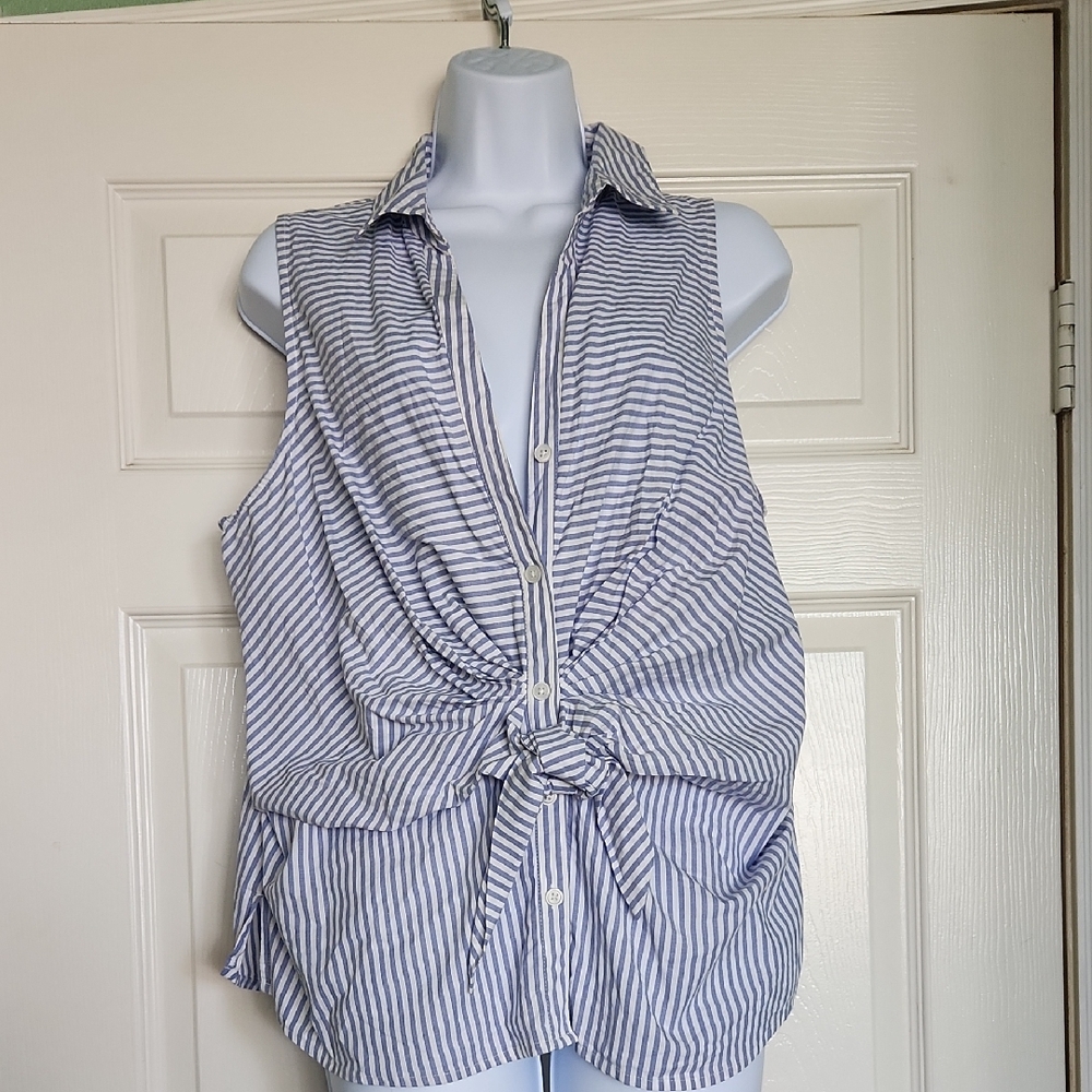 Nine West Blue and White Striped Button-Down Top